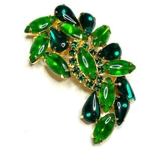 Brooch Green Cabochon Rhinestone High End Vintage Vtg Estate Pin Jewelry O30